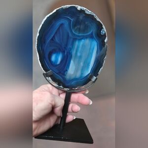 Slice of Blue Agate on Heavy Metal Display Stand